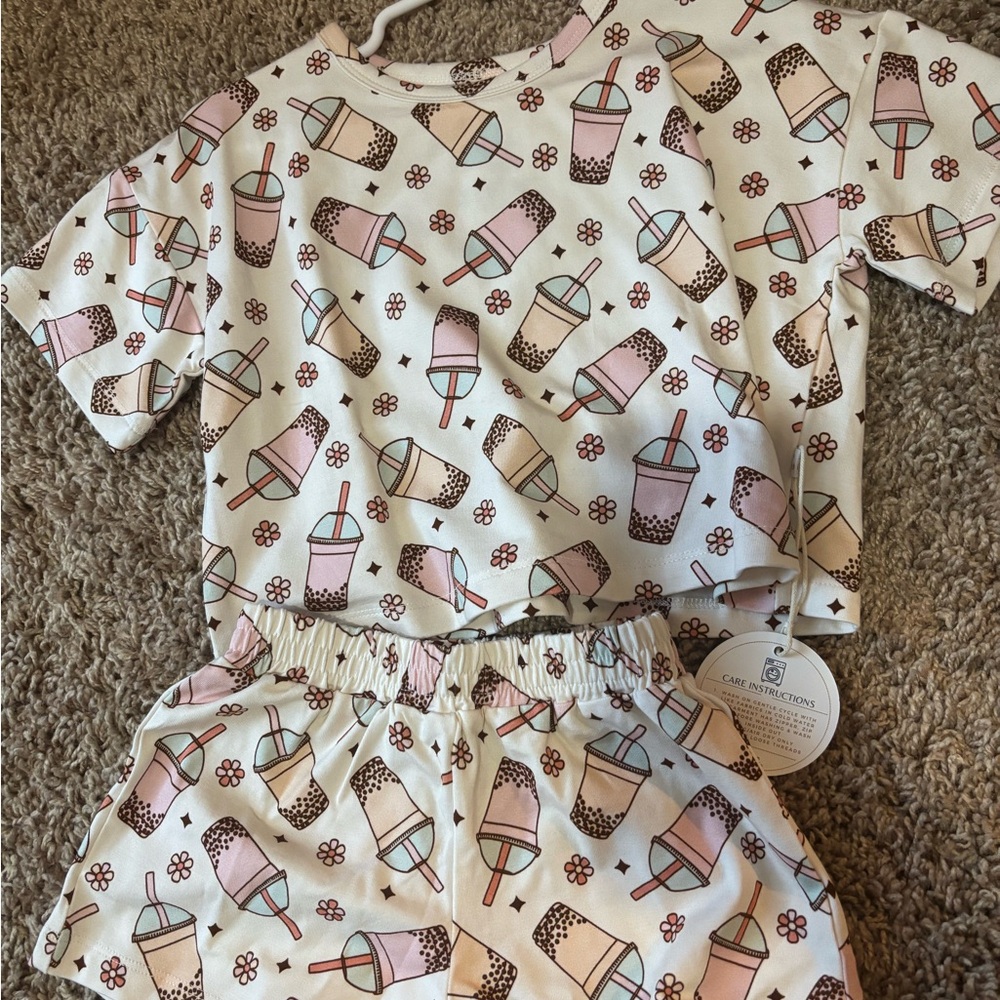 Kids Boba Print Pajama Set - Cream and Pink